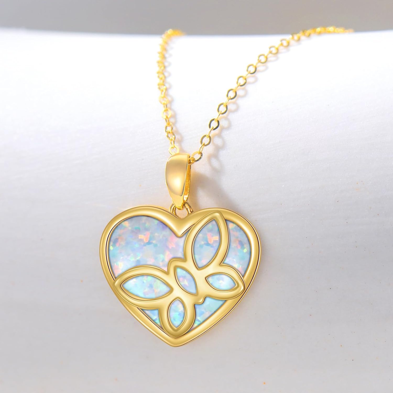 YDD 14K Solid Gold Opal Necklace for Women Dainty Opal Butterfly Necklace Heart Butterfly Pendant Necklace Jewelry Gifts for Her 16"-18" - Image 2