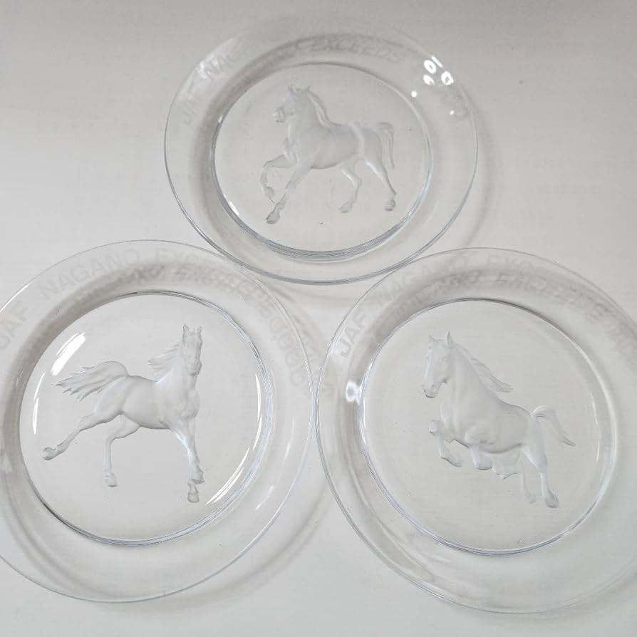フランス製馬型ライター&灰皿　フロストクリスタルガラス製　1960年代 馬車柄 フロストガラスのだるまグラス 金ライン 1個