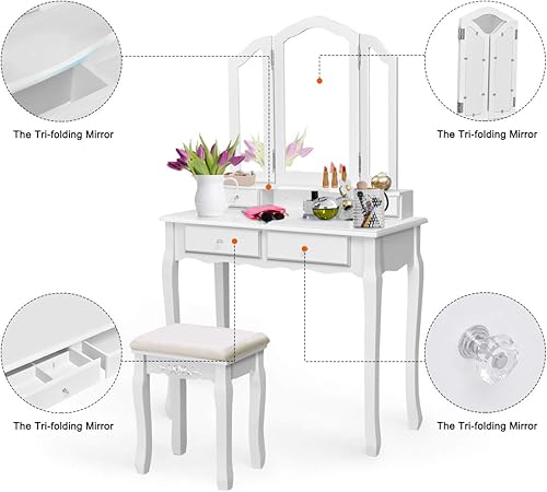 Miniatura 3 de GOFLAME Juego de taburete de tocador con triple espejo plegable, 4 cajones de maquillaje con taburete acolchado, organizador de maquillaje moderno