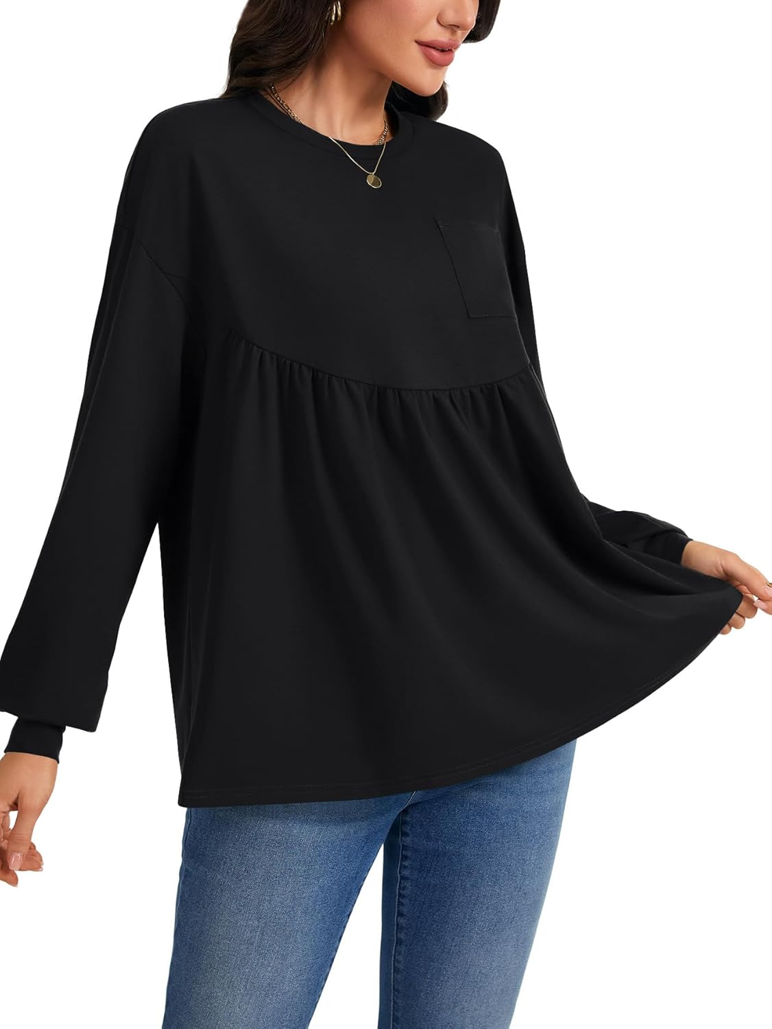 Vrtige Women's Peplum Long Sleeve Crew Neck Ruffle Babydoll Blouses Top with Pocket - Image 4