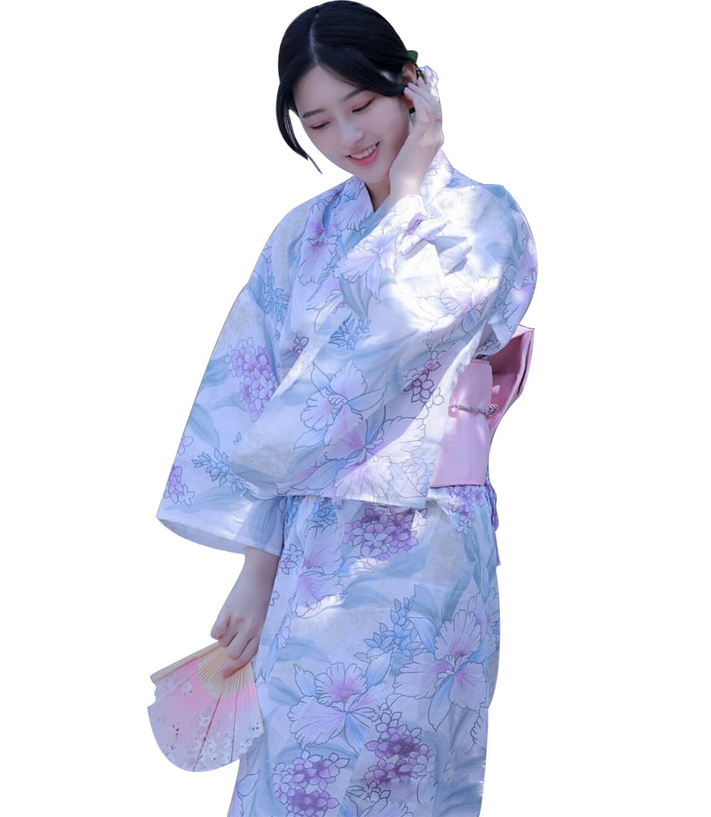 Lkbilswei Women's Yukata Costume, Floral Pattern, Kimono, Women's Yukata Set, 5-Piece Set, Yukata Belt, Fan, Socks, Hair Ornament, Cute, Japanese Yukata, Floral, Plain, Beautiful, One Size Fits Most :