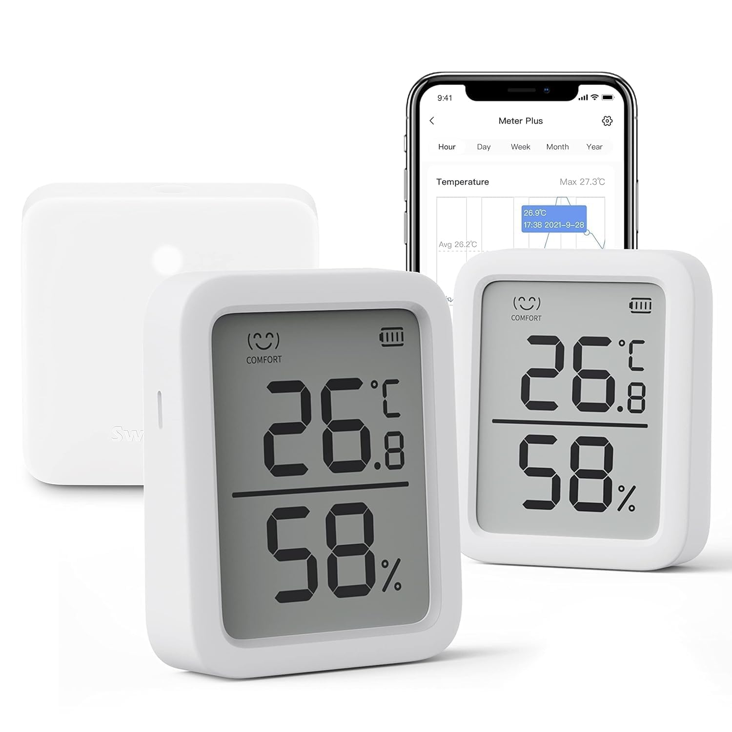 SwitchBot Termometro igrometro Wi-Fi, confezione da 2 con Hub Mini Matter, compatibile con Alexa, Apple Home, Google Home