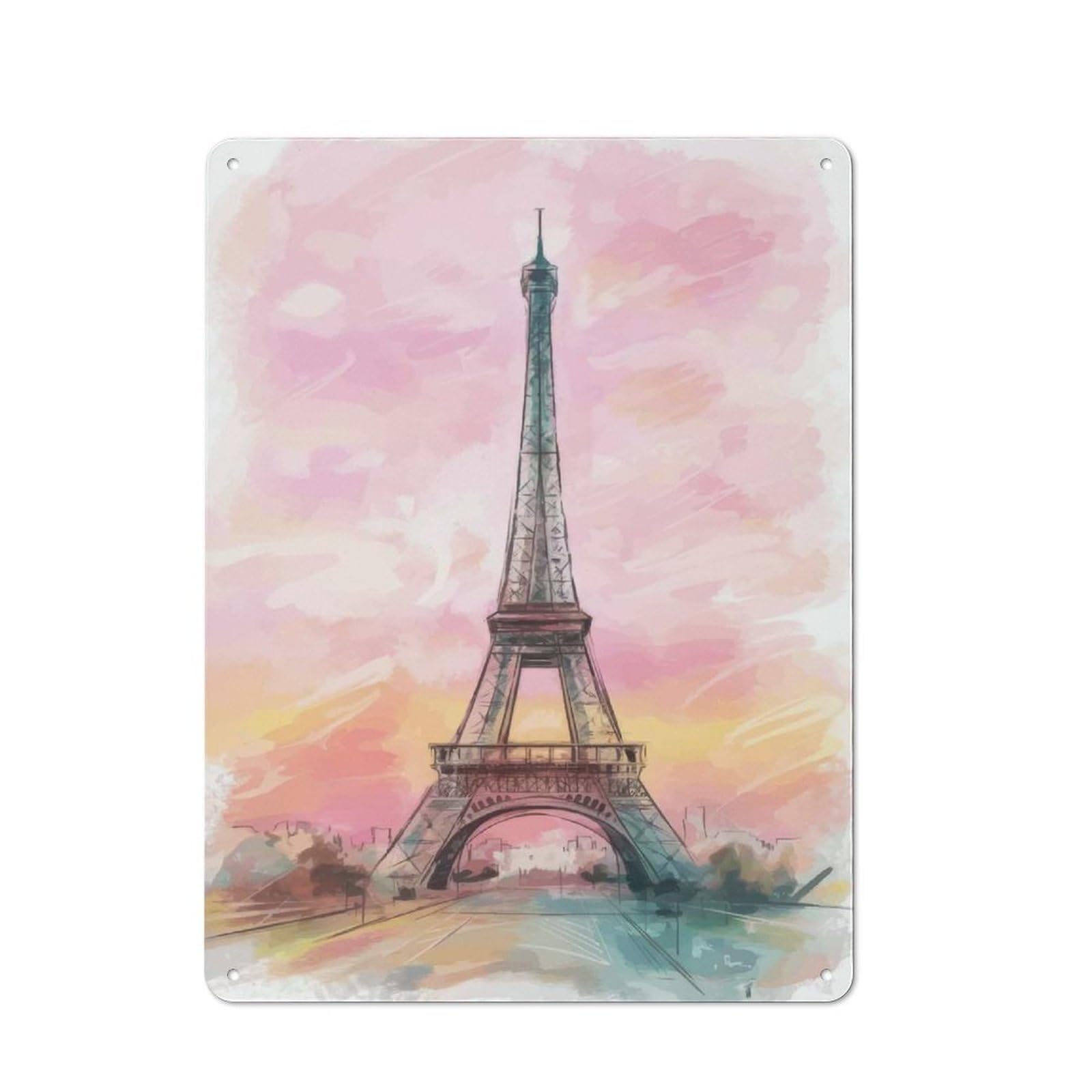 Junmoney Eiffel Tower Watercolor 40X30cm Rustic Tin Sign With For Living Room Or Hallway, For Vintage Wall Decor Fans, For Themed Room Decoration