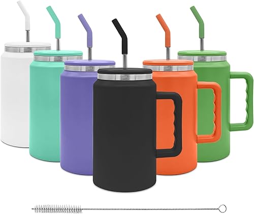 Amgkonp Vaso de 50 onzas con asa y tapa con popote, taza de acero inoxidable aislada al vacío, botella de agua grande para café de viaje para
