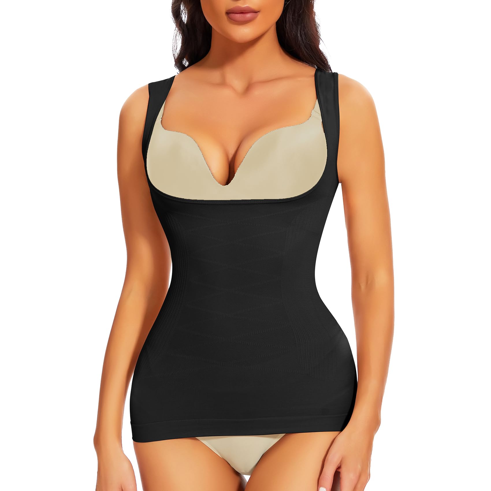 Joyshaper Shapewear damski podkoszulek top pod biustem, bez szwów, wyszczuplający brzuch, podkoszulek z szerokimi ramiączkami, modelujący top na ramiączkach, koszulka, czarny, L