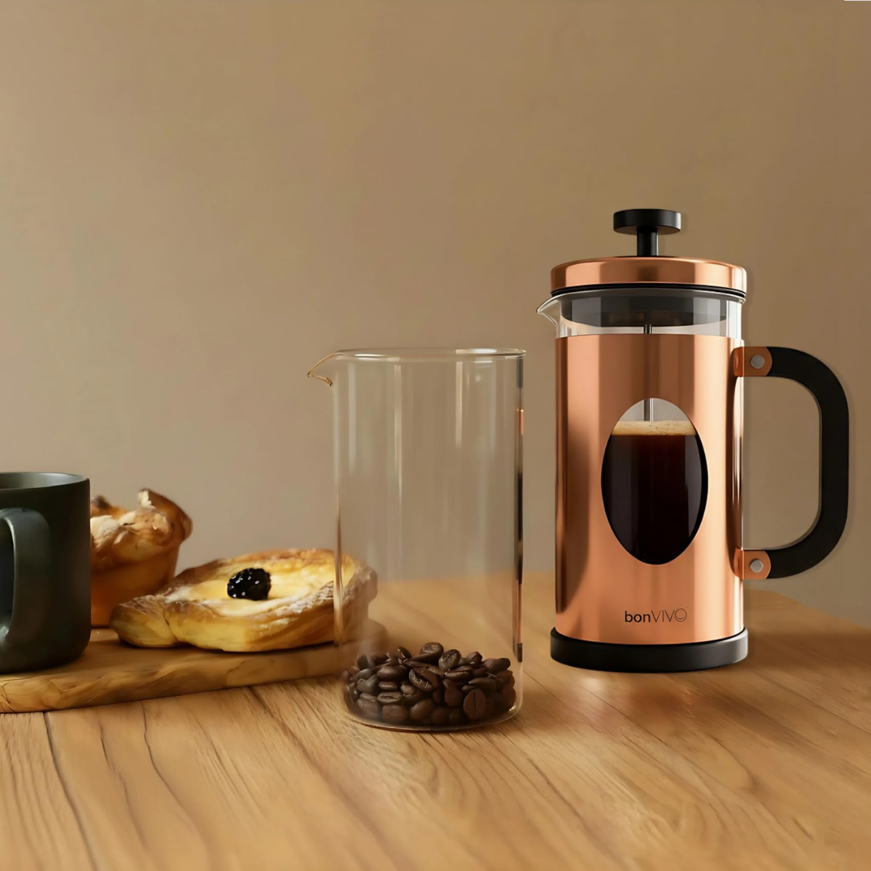 bonVIVO French Press 8 Tazze Nera con Caraffa di Ricambio 1L - Caffettiera a Stantuffo in Vetro Borosilicato per Caffè, Tè e Cold Brew