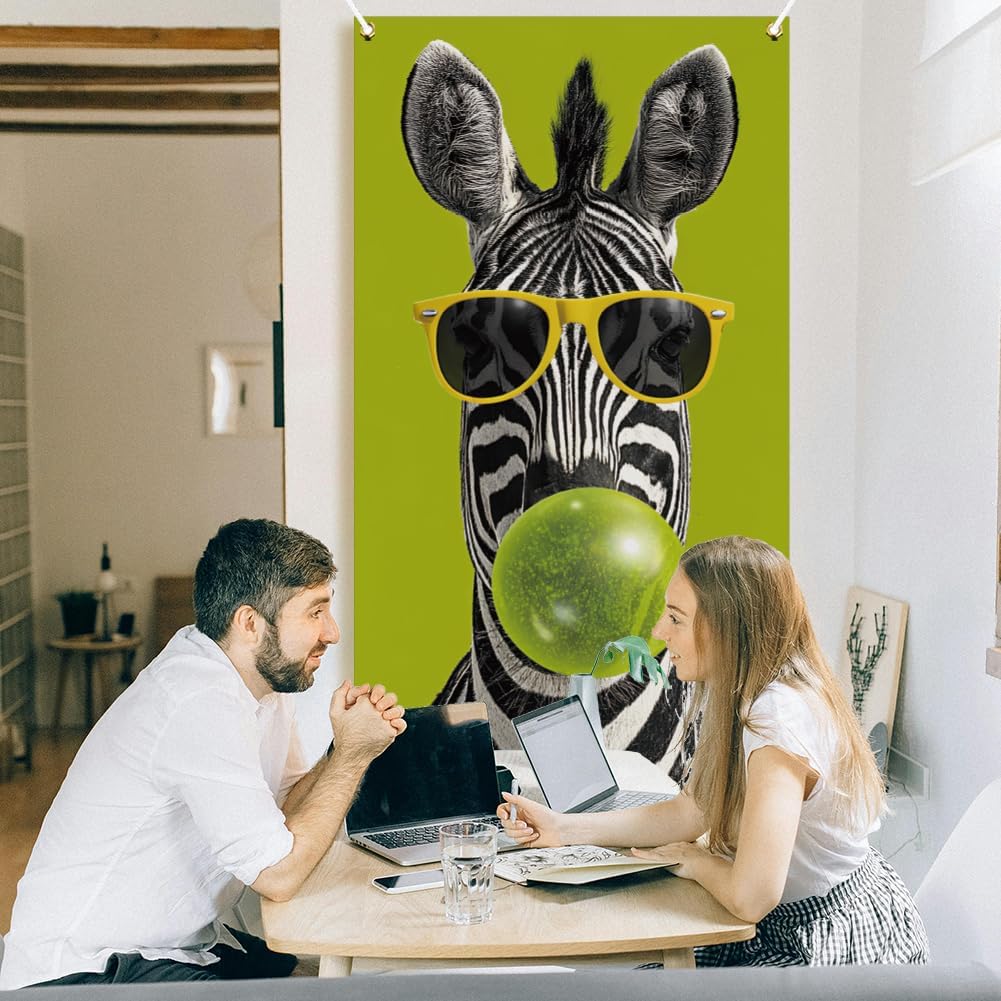 arricraft 1Pc Funny Zebra Theme Polyester Door Cover, 72.83"x35.43" Zebra Glasses Bubble Gum Pattern Backdrop Banner Door Porch Sign Photography Background for Party Porch Home Decor Accessories image 4