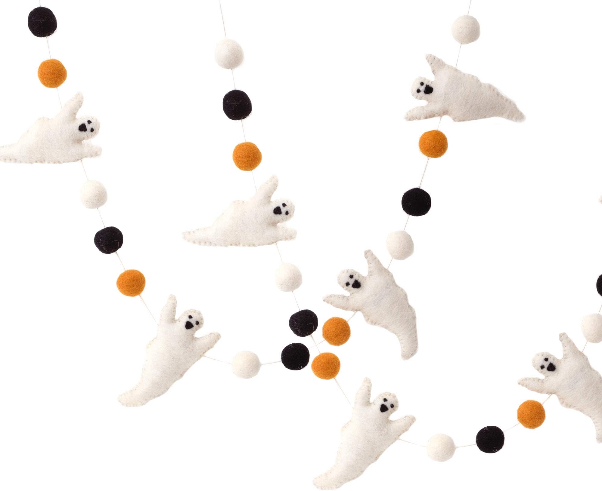 Glaciart OneFelt Balls + Ghosts Garland - Easy to Hang Halloween Party Banner Decoration - 100% New Zealand Wool, Hand-Felted in Nepal - 5' Long, 15 White Orange & Black Pom Poms, 4 Ghost Ornaments
