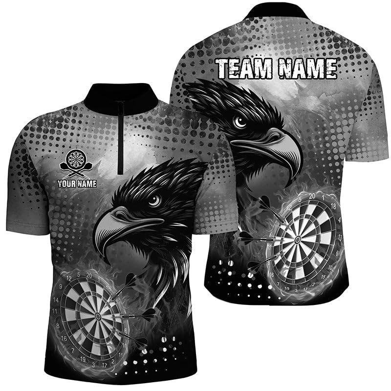 Personalisierte graue Dartboard-Feuer-Adler-Dartshirts für Herren & Damen, Coole Dart-Team-Trikots T1864