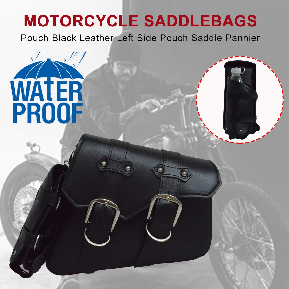 Riloer Bagage latéral pour moto - Rétro modifié - Sac latéral rétro à suspendre - Avec sac pour bouteille d'eau (gauche)