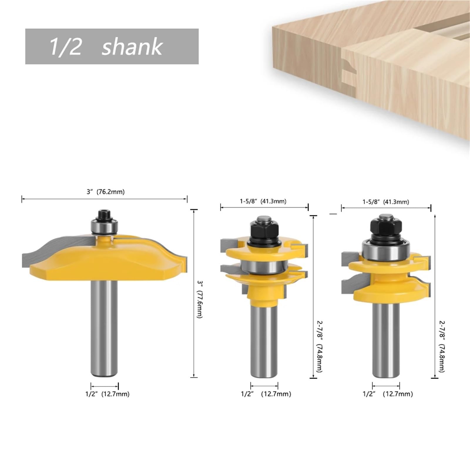 1 szt., 12 mm, trzpień 1/5.1 cm, 3 szt., duża szyna i Stile Cyme, zestaw frezów do szafek panelowych, czop do drzwi, do narzędzi drewnianych, zestaw bitów do strugarki do drewna (trzpień 12,7 mm)
