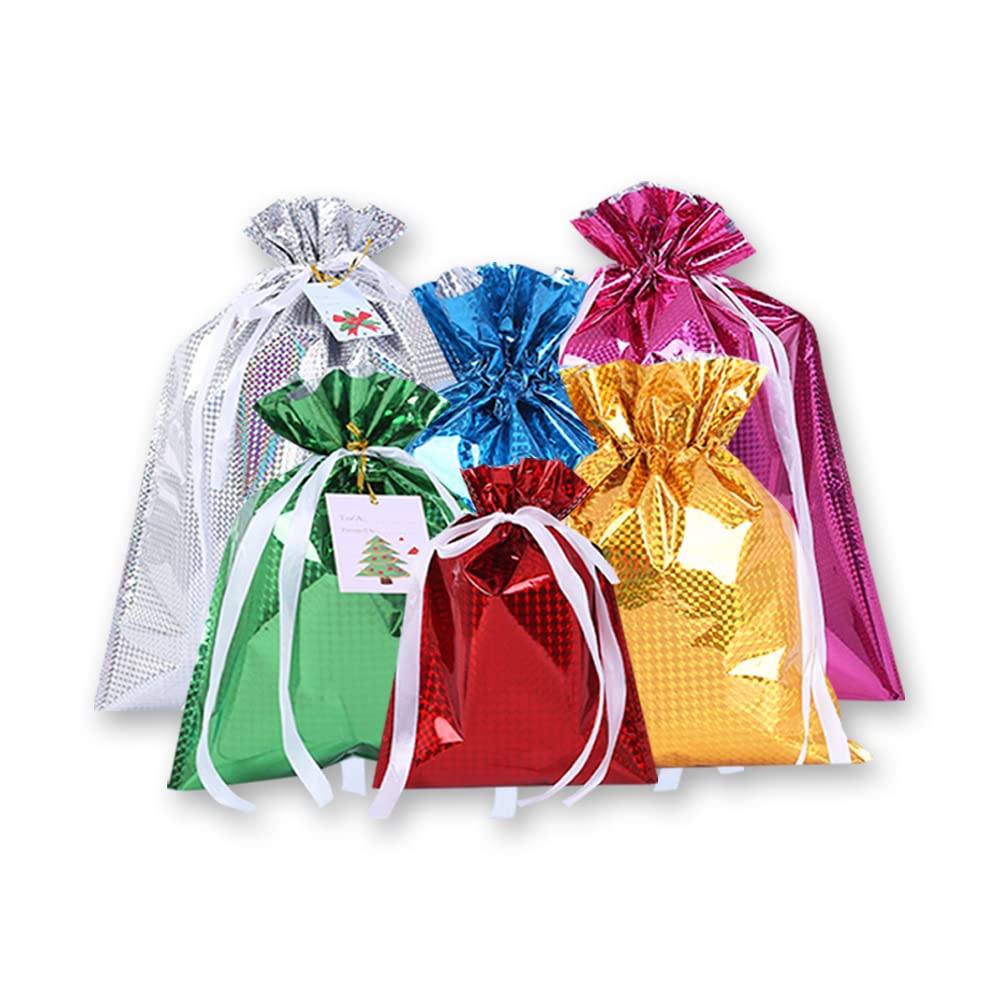 6 Drawstring Goodie Bags, Christmas Party Favor Bags, Present Wrapping Laser Bag, Holiday Treats Bags with Ribbon Ties and Tags in 4 Sizes, for Families Friends Kids in All Occasion of Celebration