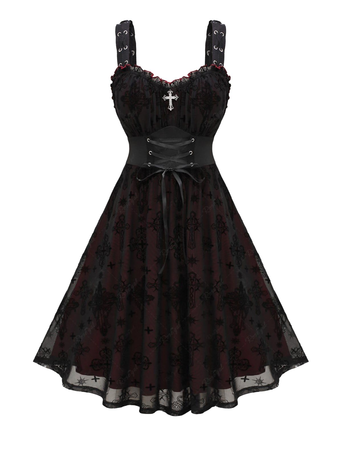 Rosegal Women Plus Size Gothic Cross Mesh Overlay Lace Panel