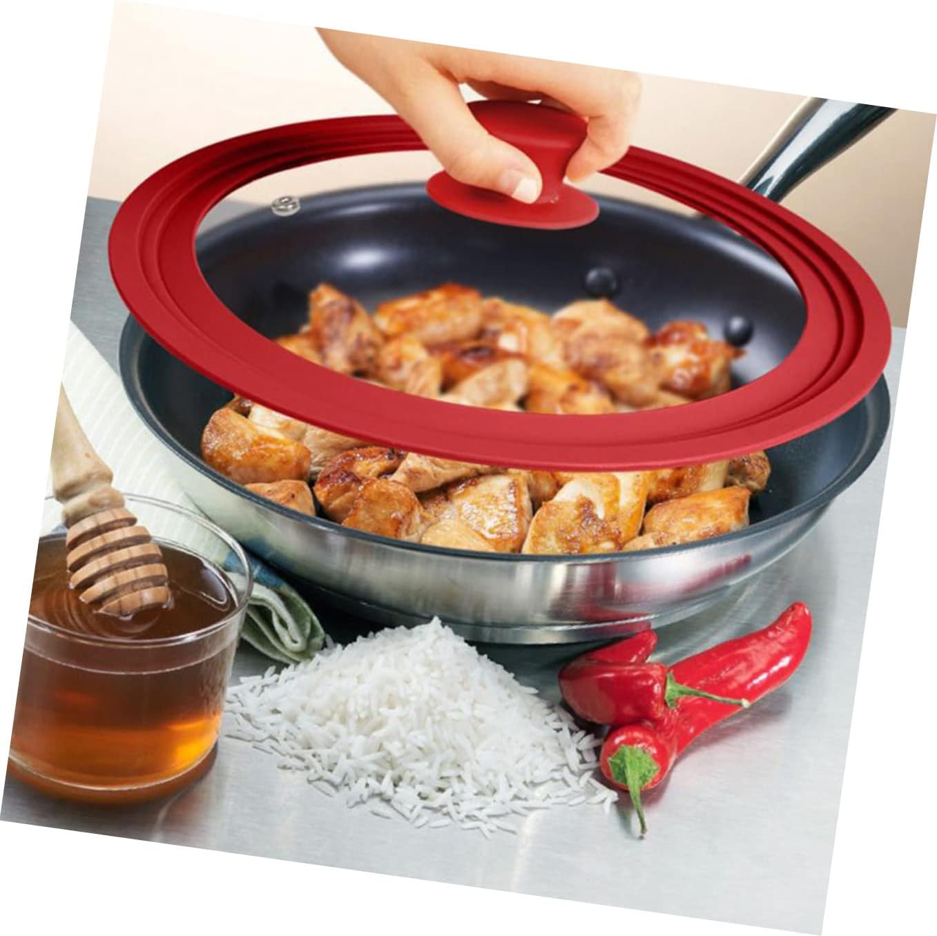 3個 多目的蓋 リムクリップ パン 手や火傷に安全なポット フライ 多機能サイズ ブラック クッキングカバー レッド ユニバーサルビ