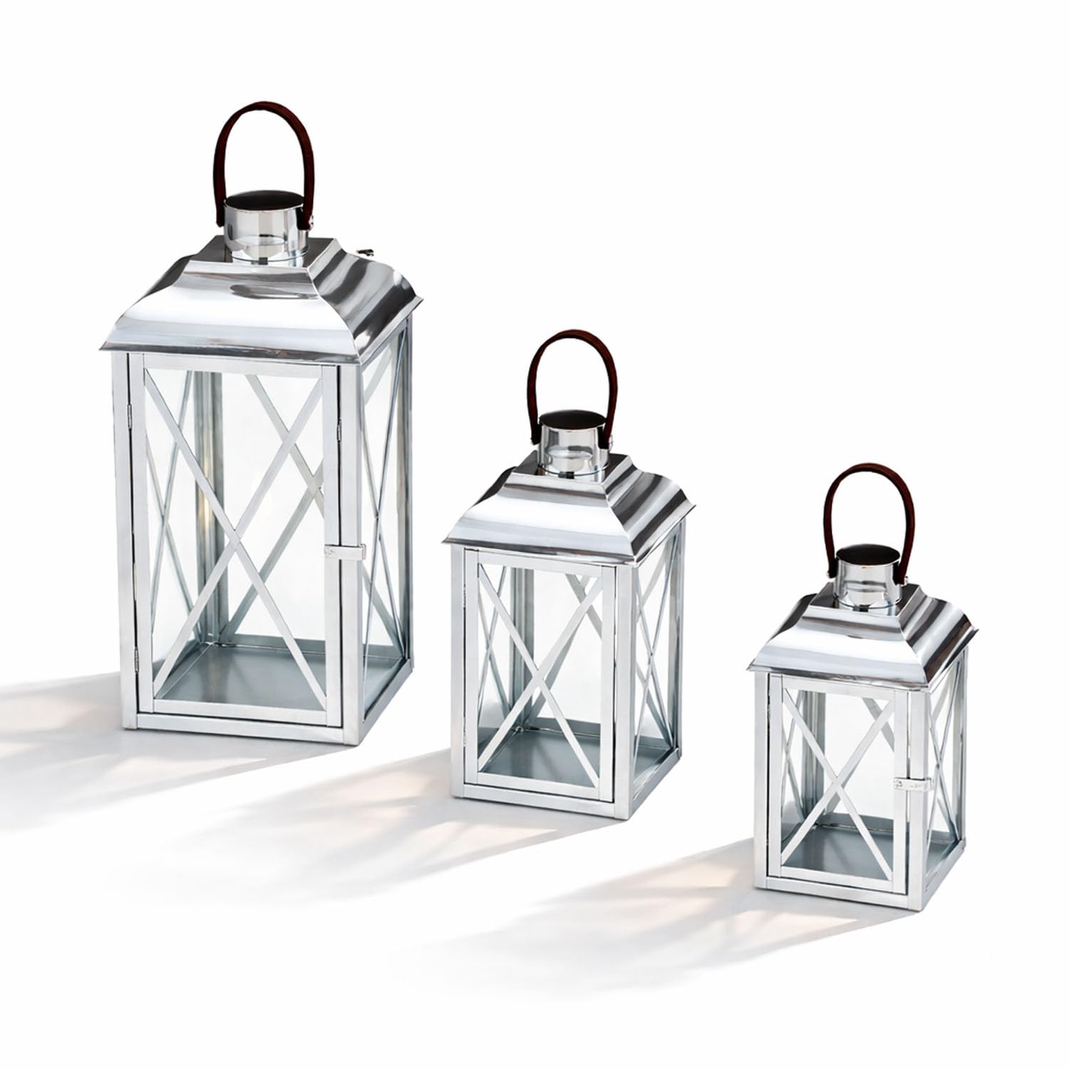 Mojawo 3er Set XL Gartenlaterne Edelstahl Glas Windlicht Kerzenhalter Laternen mit Seilgriff H25/35/49cm