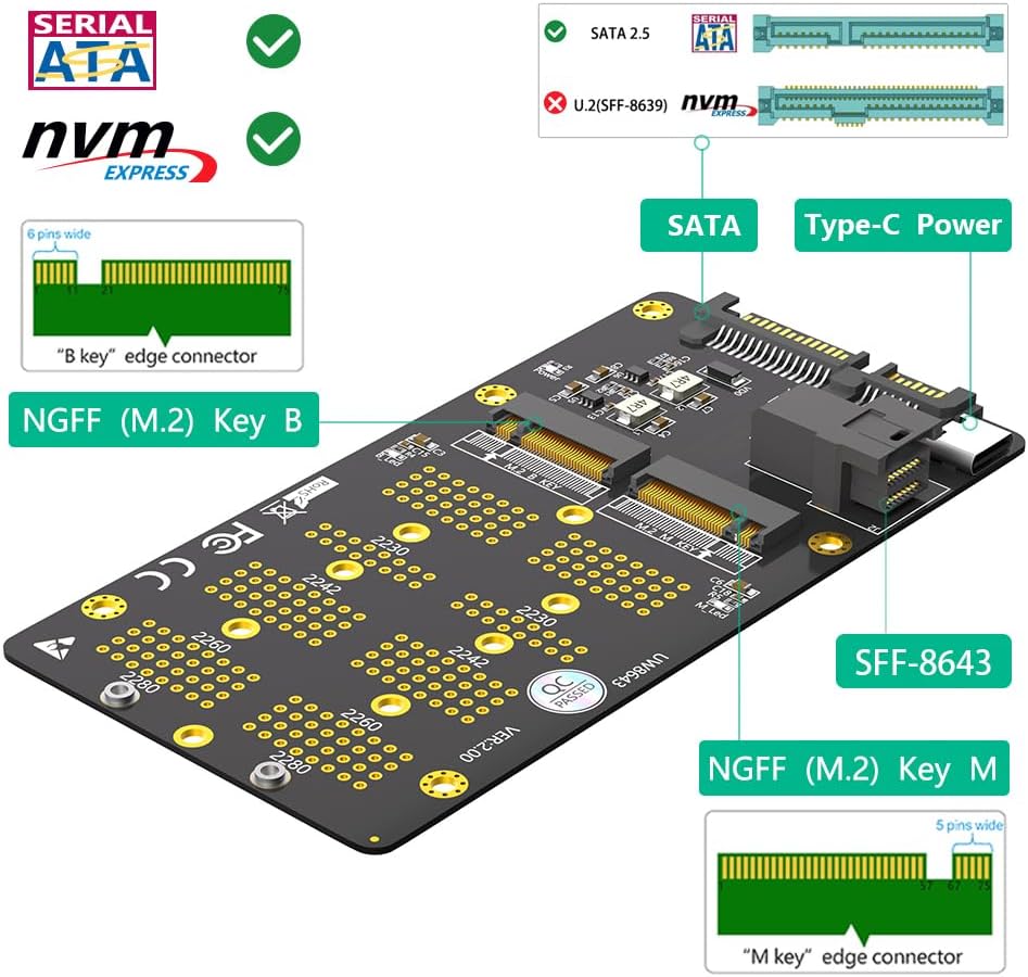 Mustpoint New Version 2 in 1 Combo M.2(NGFF) NVMe SSD/SATA-Bus SSD to SFF-8643 and SATA Adapter