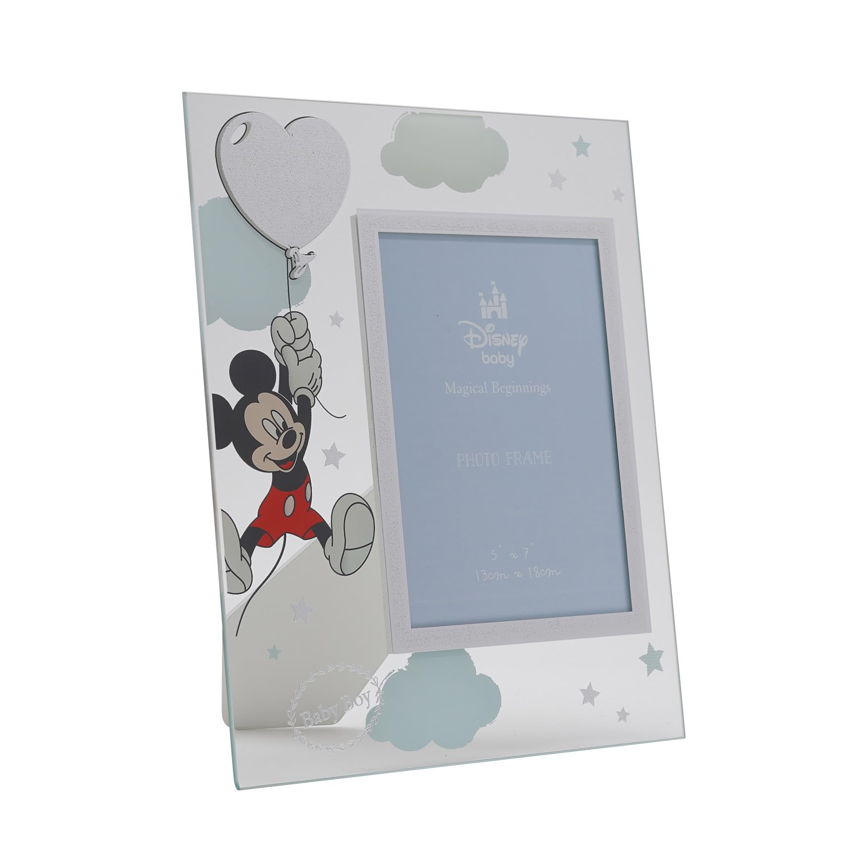 Disney Mickey Mouse – Real Silver 999 Plated Glass Picture Frame 5 x 7″ Aperture - Made in Italy - Licensed Disney Merchandise - New Baby, Early Years, Nursery, Kids & Children Gifting.