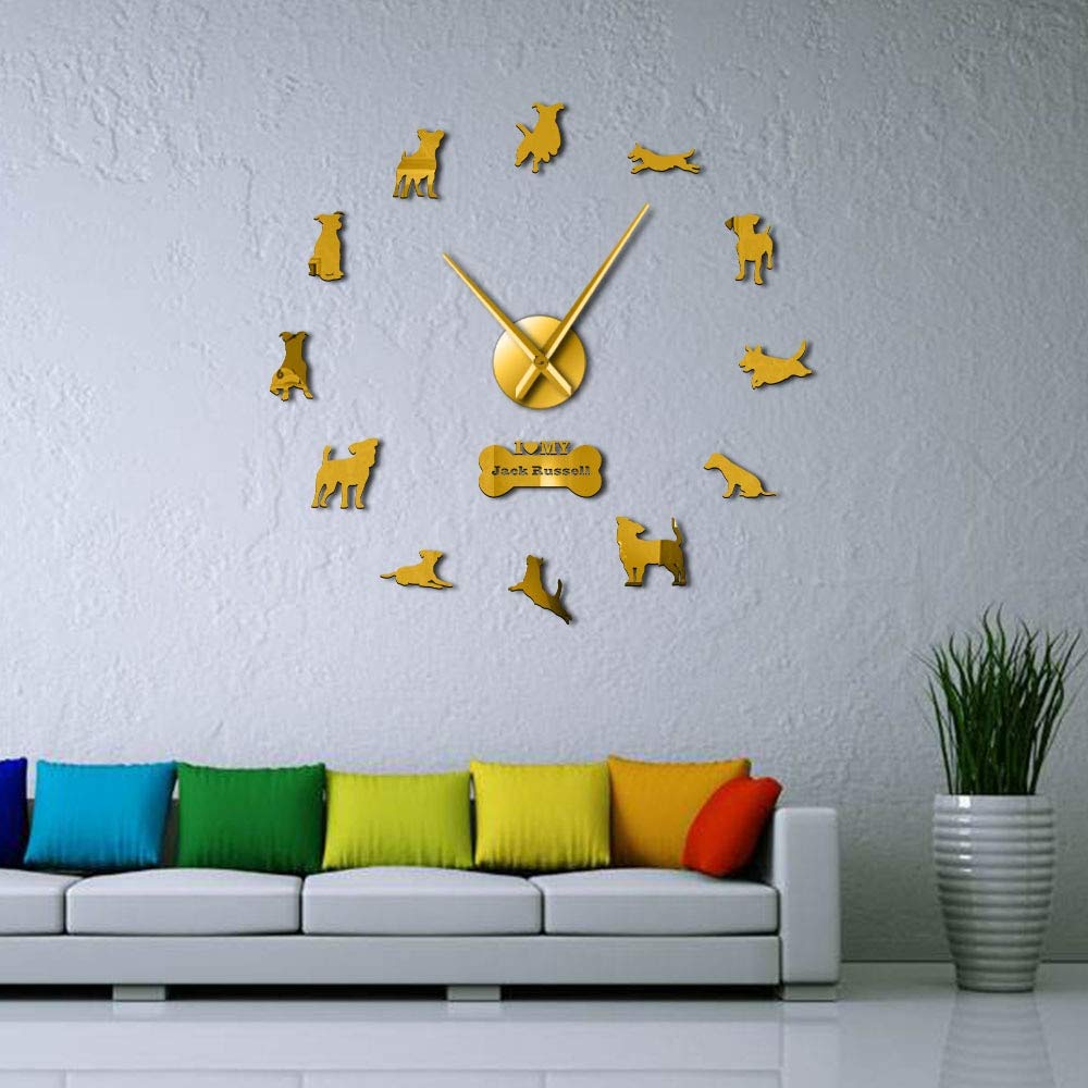 Horloge murale Jack Russell miroir grand format 27" pour deco salon