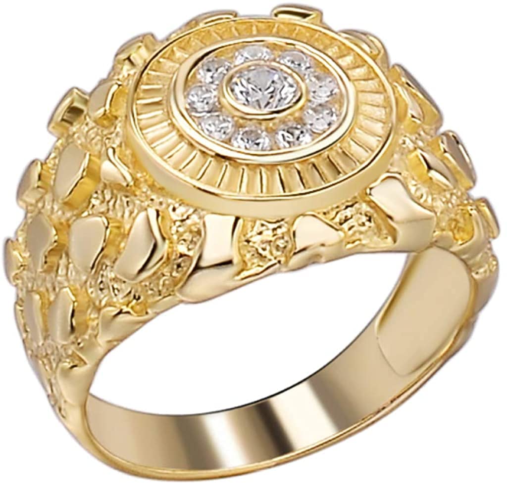 Men's Nugget Ring - Solid 925 Sterling Silver Ring - Iced Micropave Cluster Ring - 14k Yellow Gold Finish - Sizes 6-13