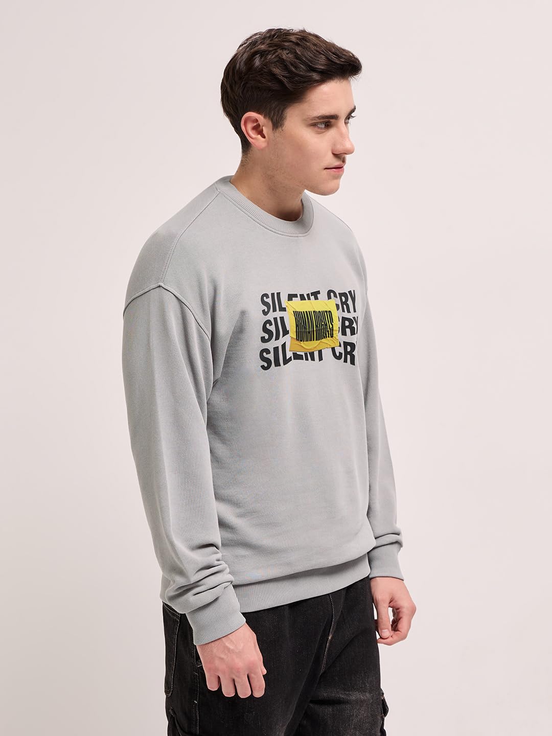 THE BEAR HOUSE Men Typography Printed Round Neck Cotton Pullover Sweatshirt Grey 1