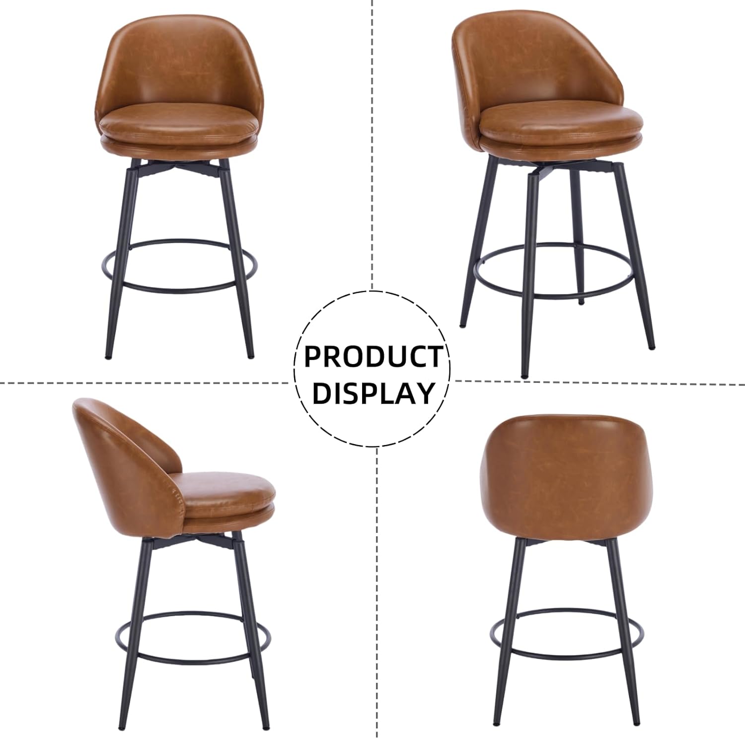 GarveeHome Counter Height Bar Stools Set of 2, 26 in Swivel Barstools with Back and Metal Legs for Kitchen Counter, Modern Upholstered Stools Island Chairs, Brown PU Leather