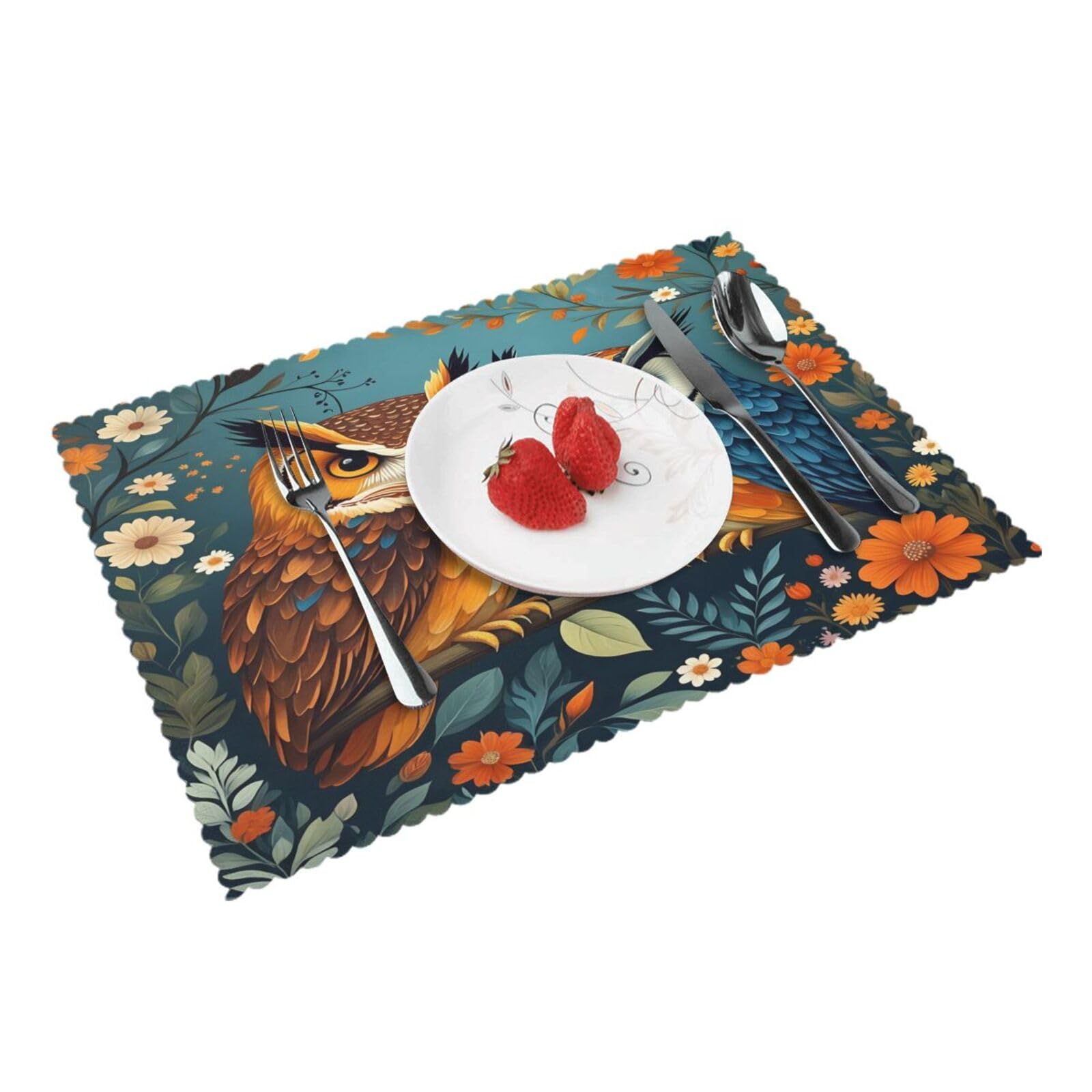 Owl Flowers Placemats Set of 4 Print Table Mats Place Mats Table Decor for Kitchen Dining 12X18 in
