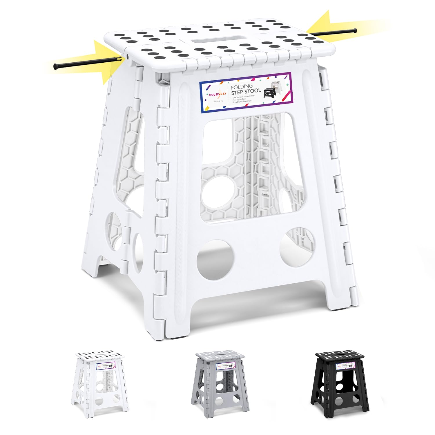 HOUSE DAY 16 inch(40cm) Folding Step Stool - Large Size Kitchen Step Stool for Adults Space Saving Folding Stools for Children & Adult Step Durable Plastic Stool Heavy Duty Foldable Stools-White