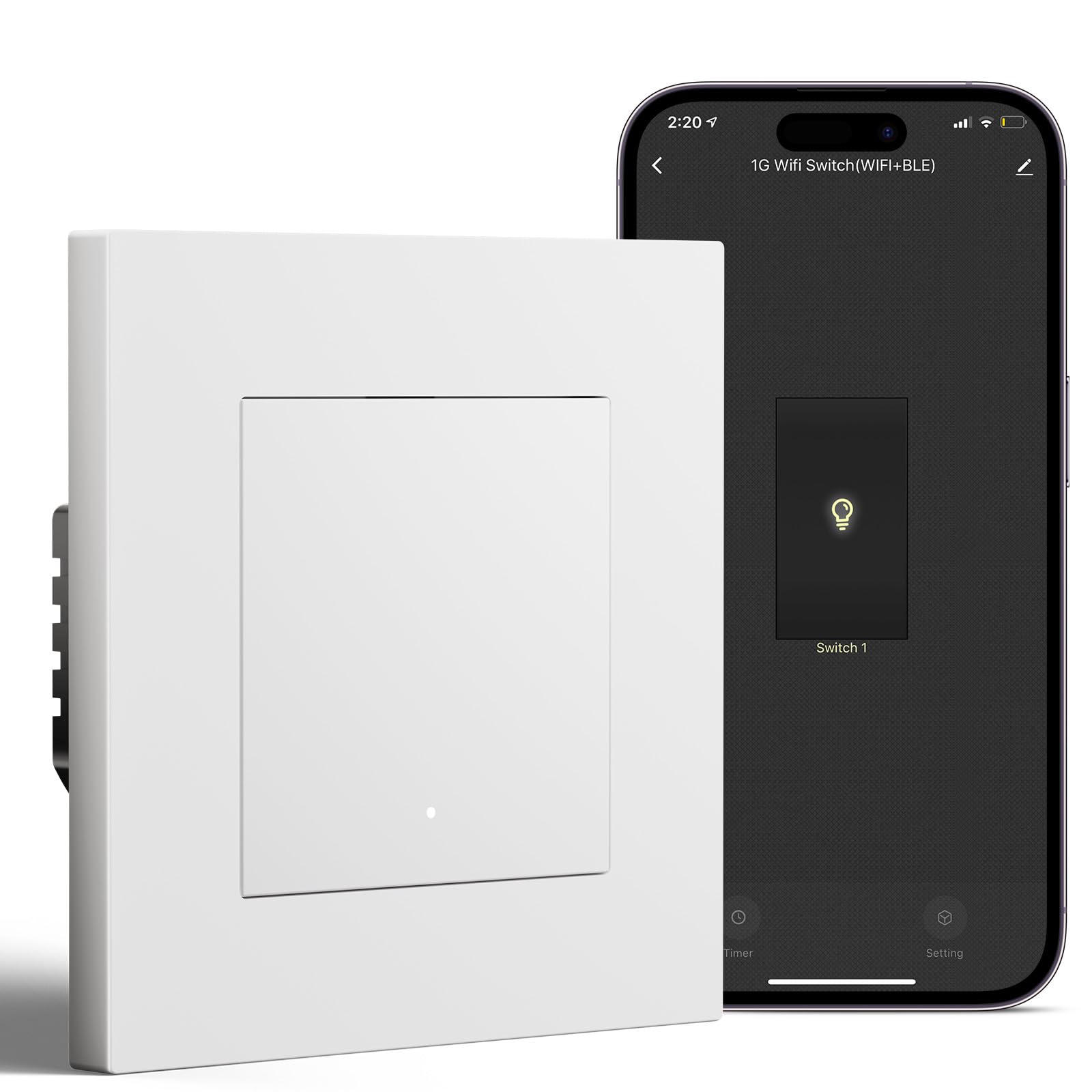 BSEED Smart Interruptor Empotrado 1 Gang 1 Vía Compatible con Alexa/Google Home, WiFi Pulsador de Pared Marco de PC que Funcionan con APP Smart Life/Tuya, Blanco(Requiere Cable Neutro)