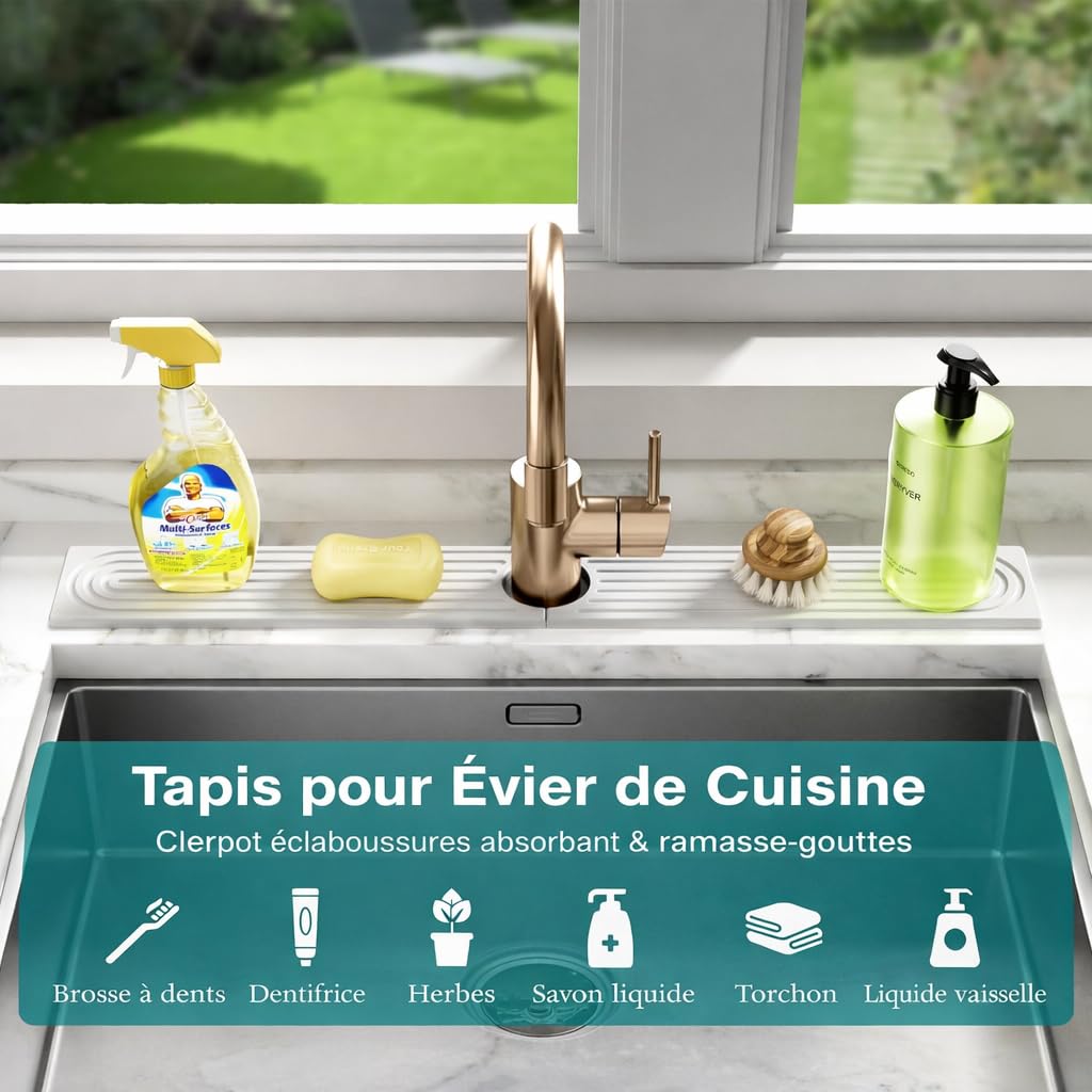 Générique Tapis Absorbant pour Robinet de Cuisine – Plateau en Pierre de diatomite 61 cm, séchage Rapide, Anti-Gouttes, protège Le Plan de Travail, Moderne et élégant - 5