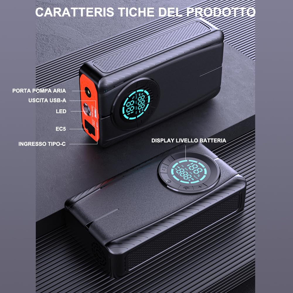 Avviamento batteria auto, alimentatore portatile multifunzionale da 12000 mAh, avviamento auto con compressore, 12 V, uscita USB, luci LED