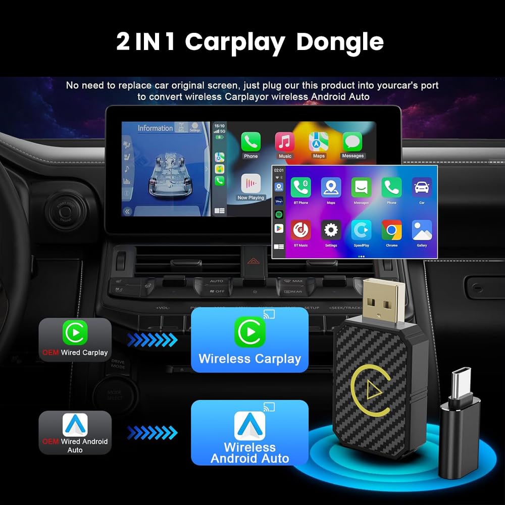 Adaptateur CarPlay sans fil pour voiture | USB C/WIFI / Bluetooth - Conversion sans fil de câble | Plug & Play | Compatible avec iPhone iOS 10+