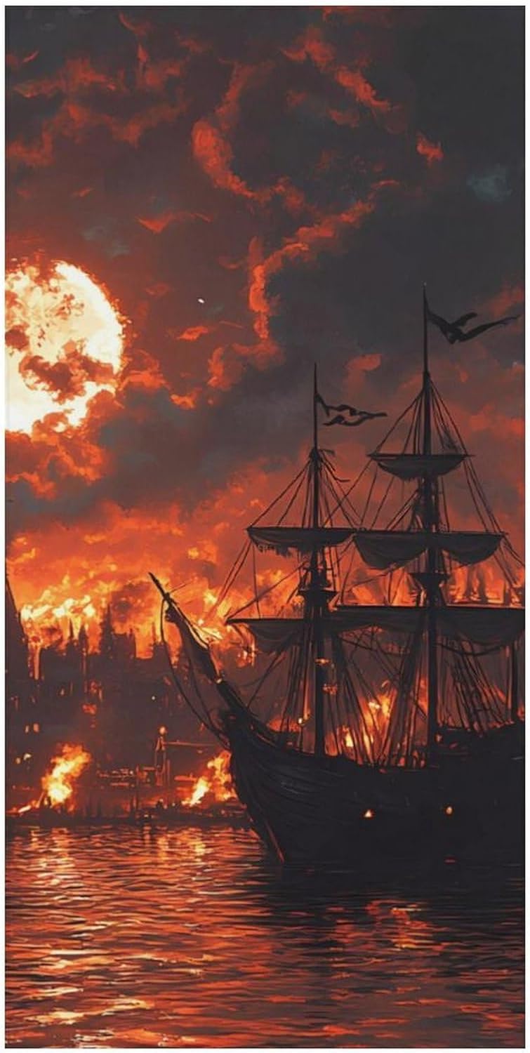 Burning Harbor Blood Moon Ship Beach Towels Oversized Jumbo Large Yoga Bath Towel for Pool Yoga Swim Body 160x80cm