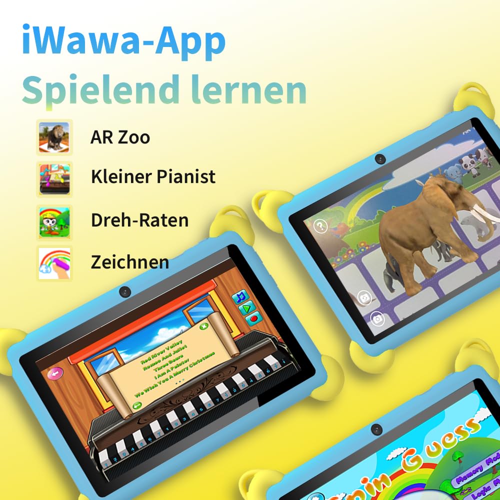 Veidoo 7-Zoll Android Kinder-Tablet, 2+32 GB, Dual-Kameras, stoßfeste Hülle, integriertes Hasen-Ständer-Design, Abnehmbarer Schultergurt, Quad-Core Prozessor, iwawaAPP, Elternkontrolle