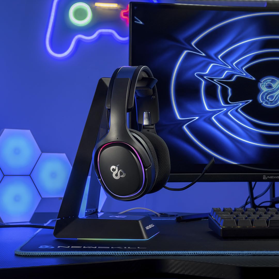 NEWSKILL Aton V2 Auriculares Gaming inalámbricos 2.4G, Bluetooth 5.0 y Cable Tipo C, micrófono retráctil, Sonido Envolvente, RGB, compatibles con PC, PS5, Switch y móvil - Negro