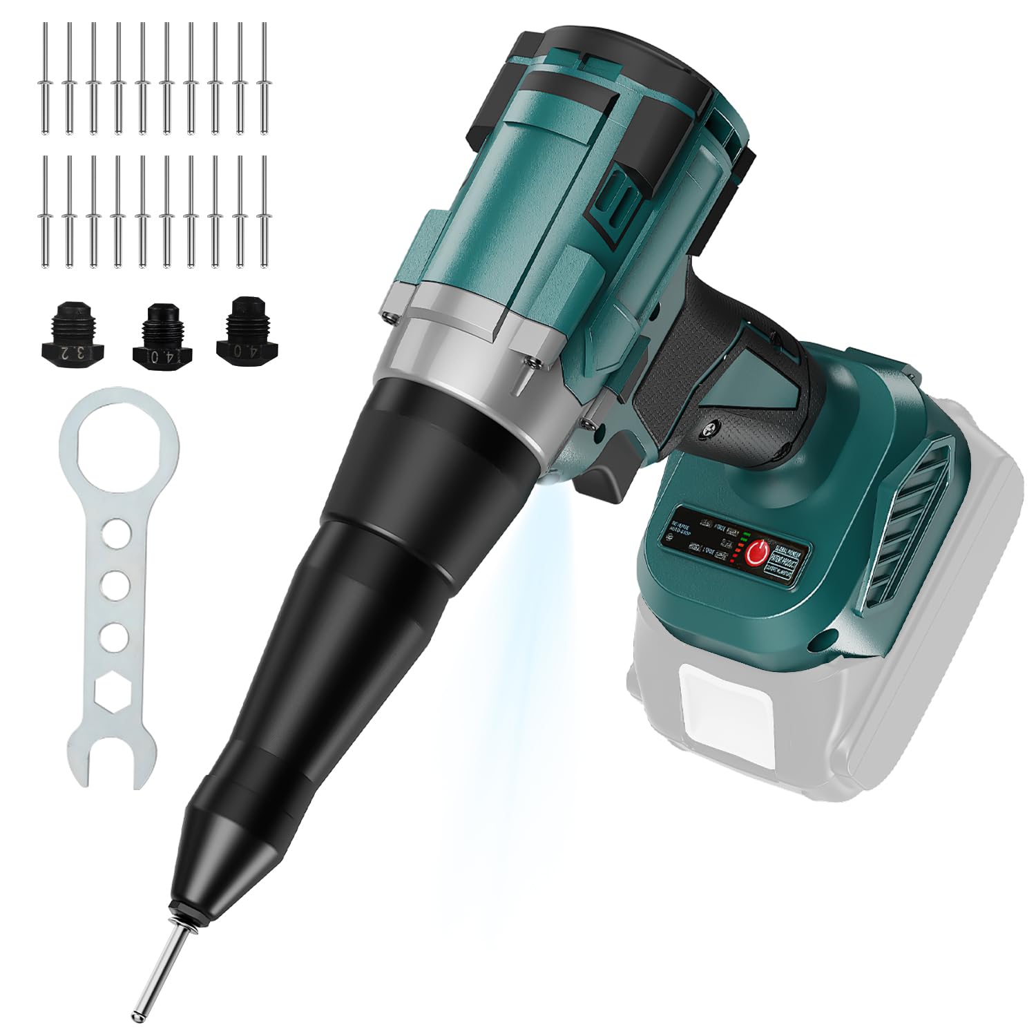 Pistola de remache eléctrica compatible con batería Makita de 18 V, herramienta de remache inalámbrica con 3 tamaños (1/8 pulgadas, 5/32 pulgadas, 3/16 pulgadas), kit de pistola de remache sin
