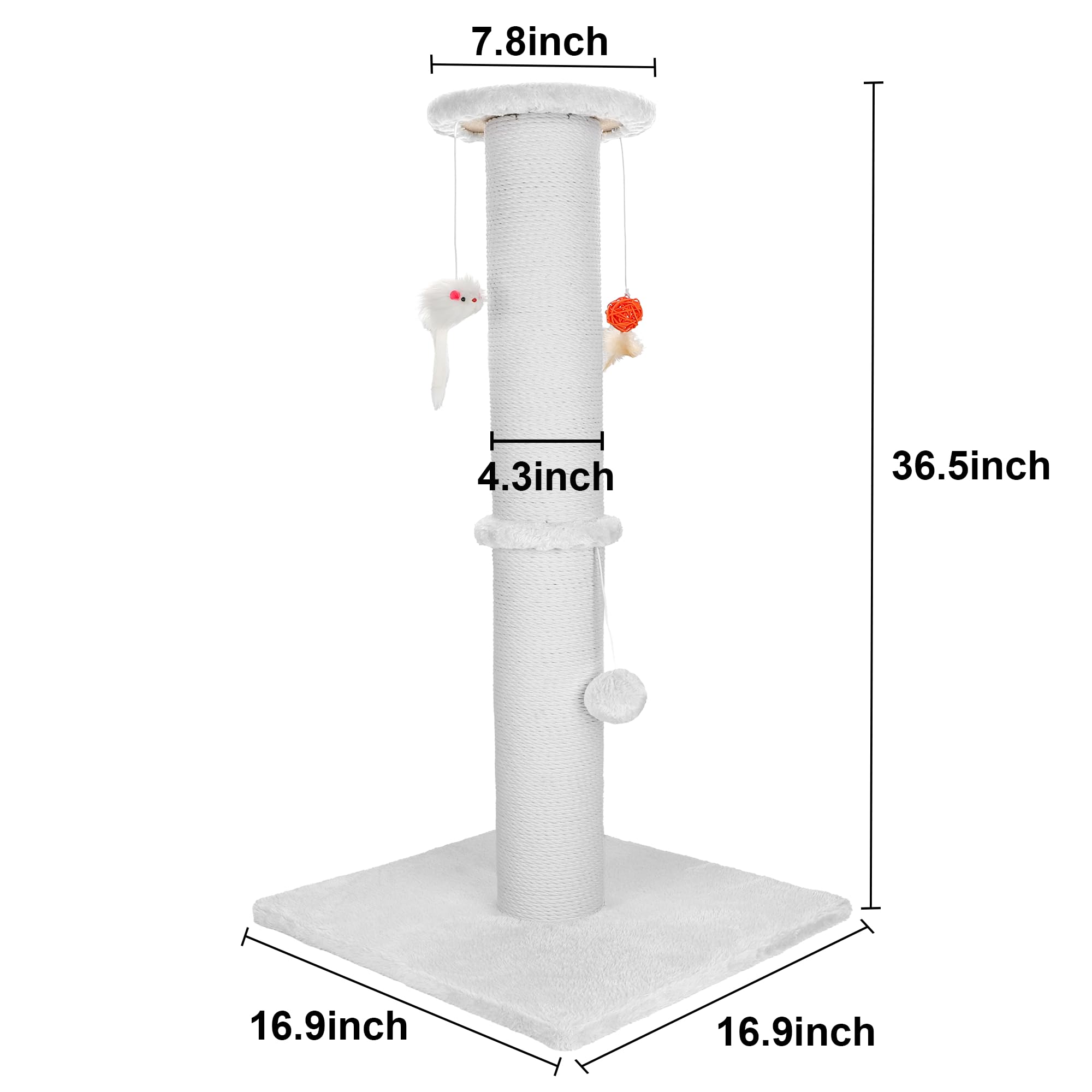 Ahomdoo 36.5 Inch Cat Scratching Post Heavy Duty Cat Scratch Post Handcrafted Rope with Hanging Toys for Ultimate Cat Fun(White)