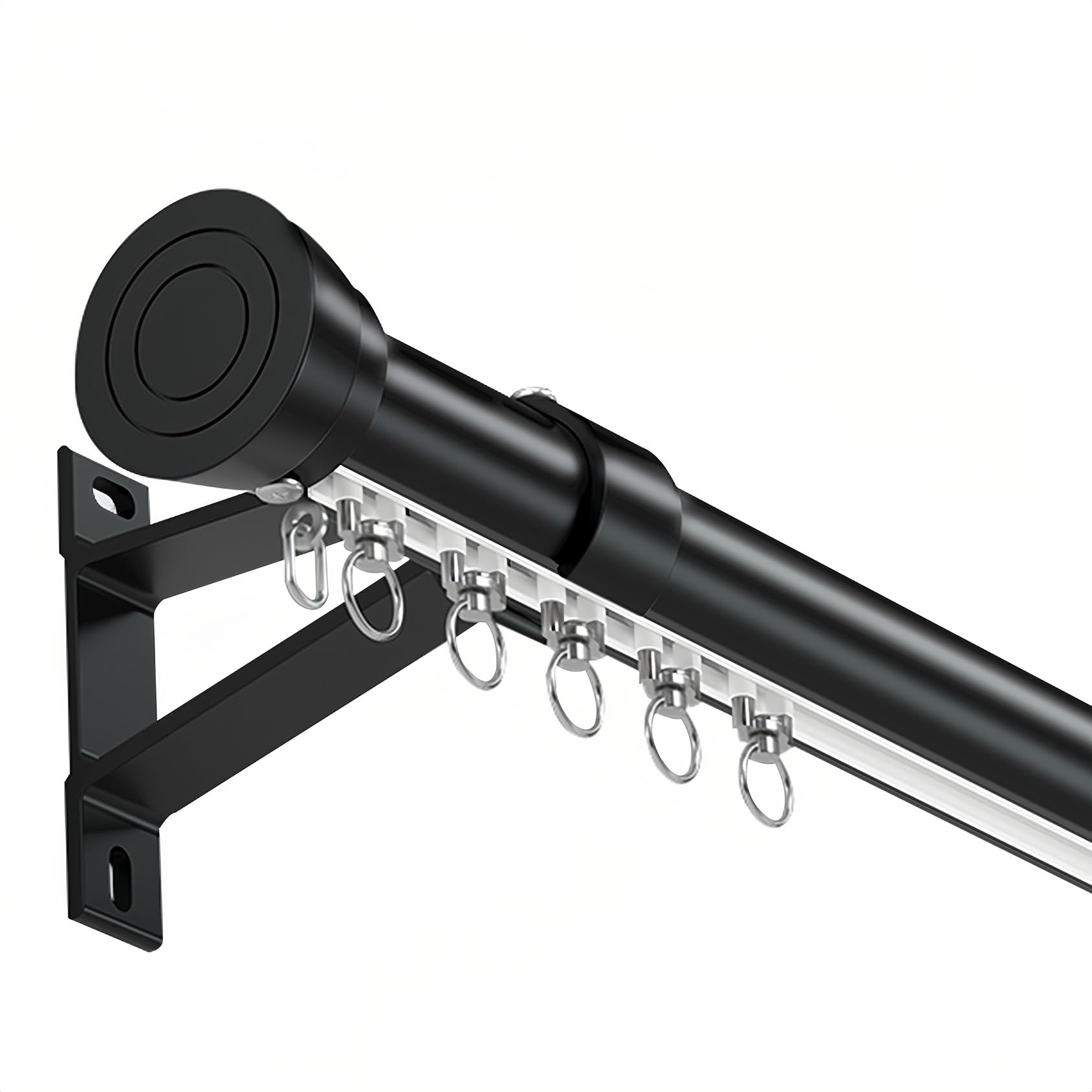 CMJYMX Curtain Rod With Cap Finials, 70 To 600cm, Curtains Track Set - Aluminum Curtains Rail Wall Mount With Track, Roller, Installation Hardware, And End Cap(Black,80cm/2.62FT)