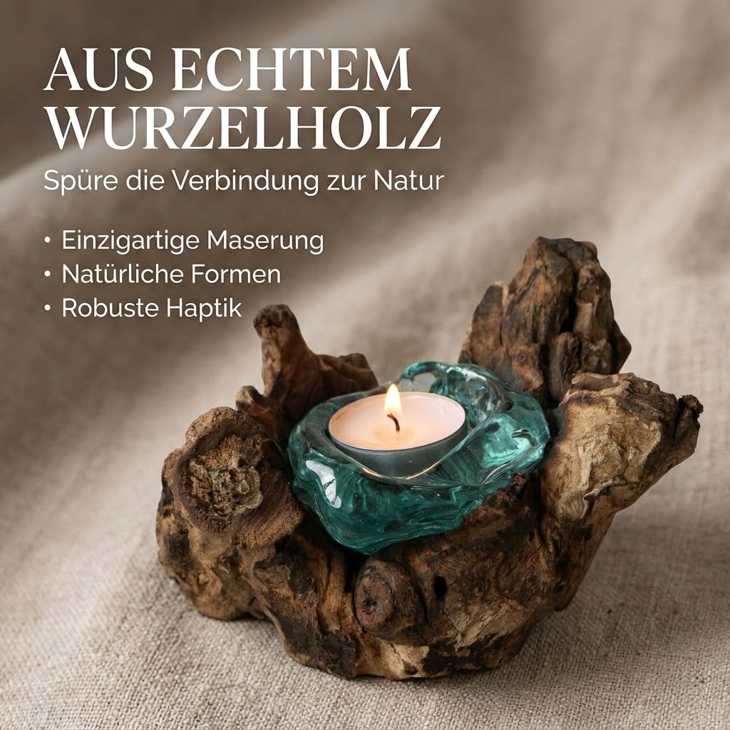 Handgefertigter Teelichthalter aus Glas auf Wurzelholz als Geschenk-Idee zur stilvollen Tisch-Deko Holz Teelicht 1