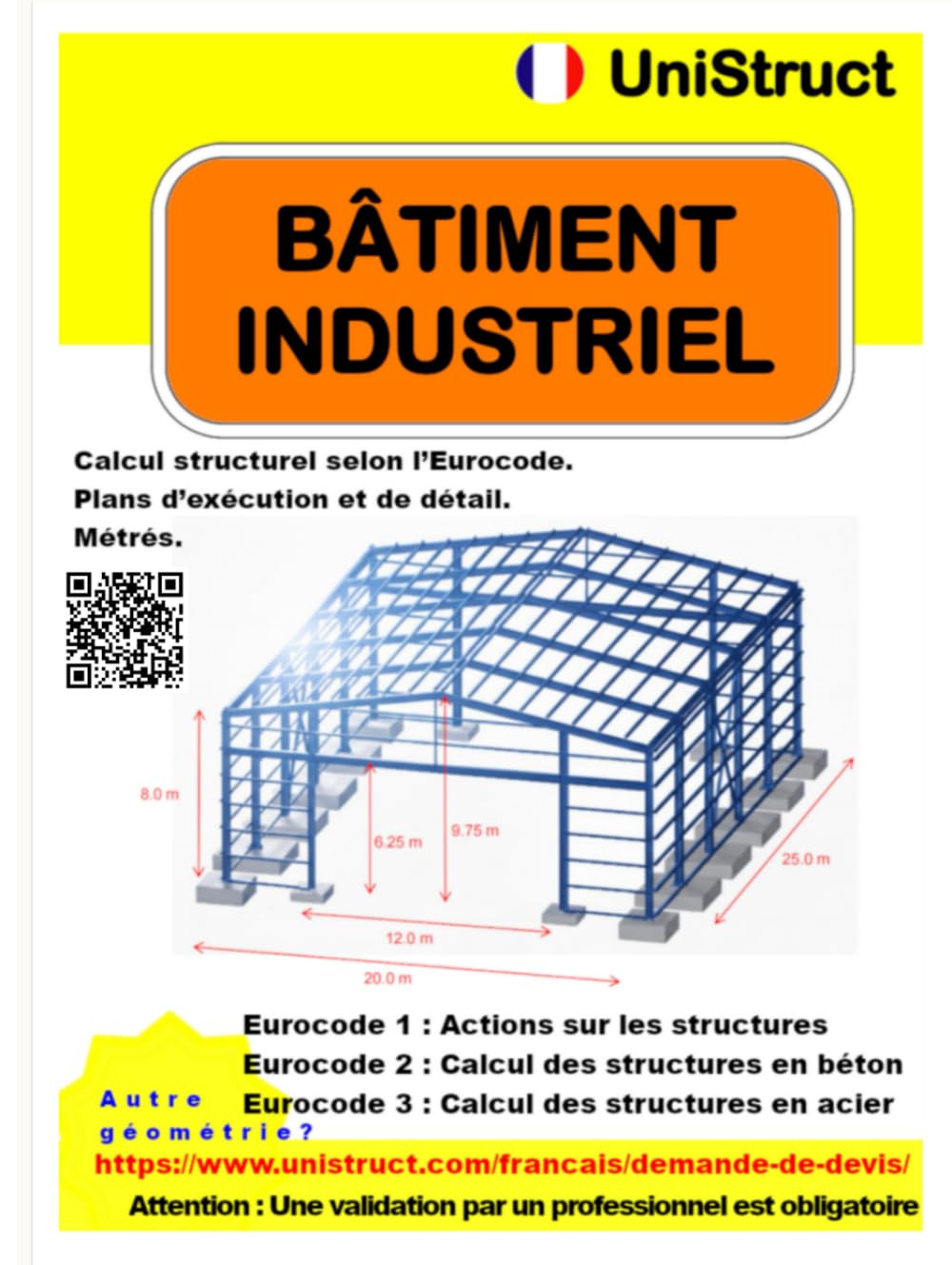 Bâtiment industriel. Calculs, plans et mesures.: Entrepôt industriel. Calculs, plans et mesures.