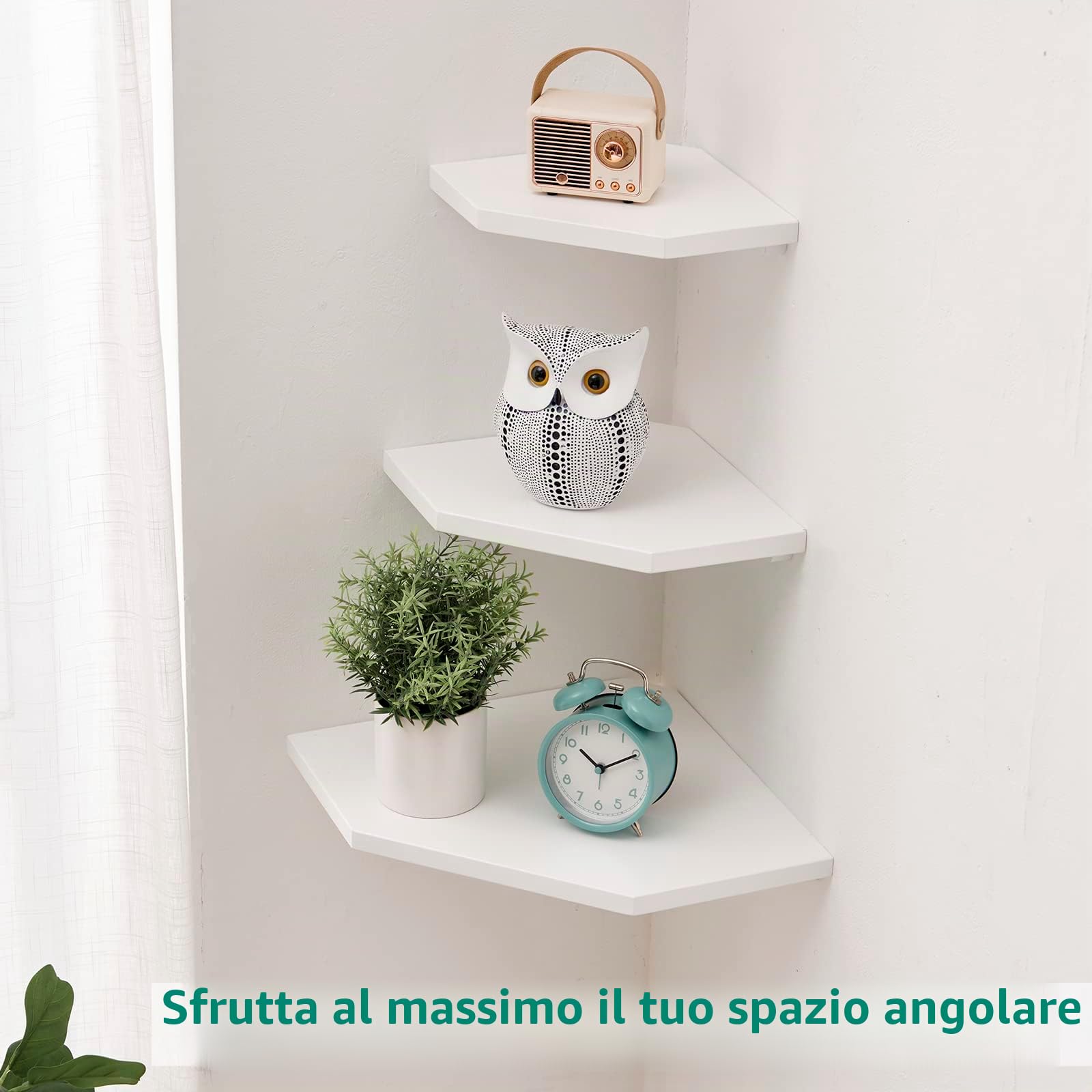 Set di 2 mensole angolari bianche in legno massello di quercia bianca, mensole ad angolo galleggianti, organizer da parete con foro per filo metallico, per esporre piccole piante, per cucina