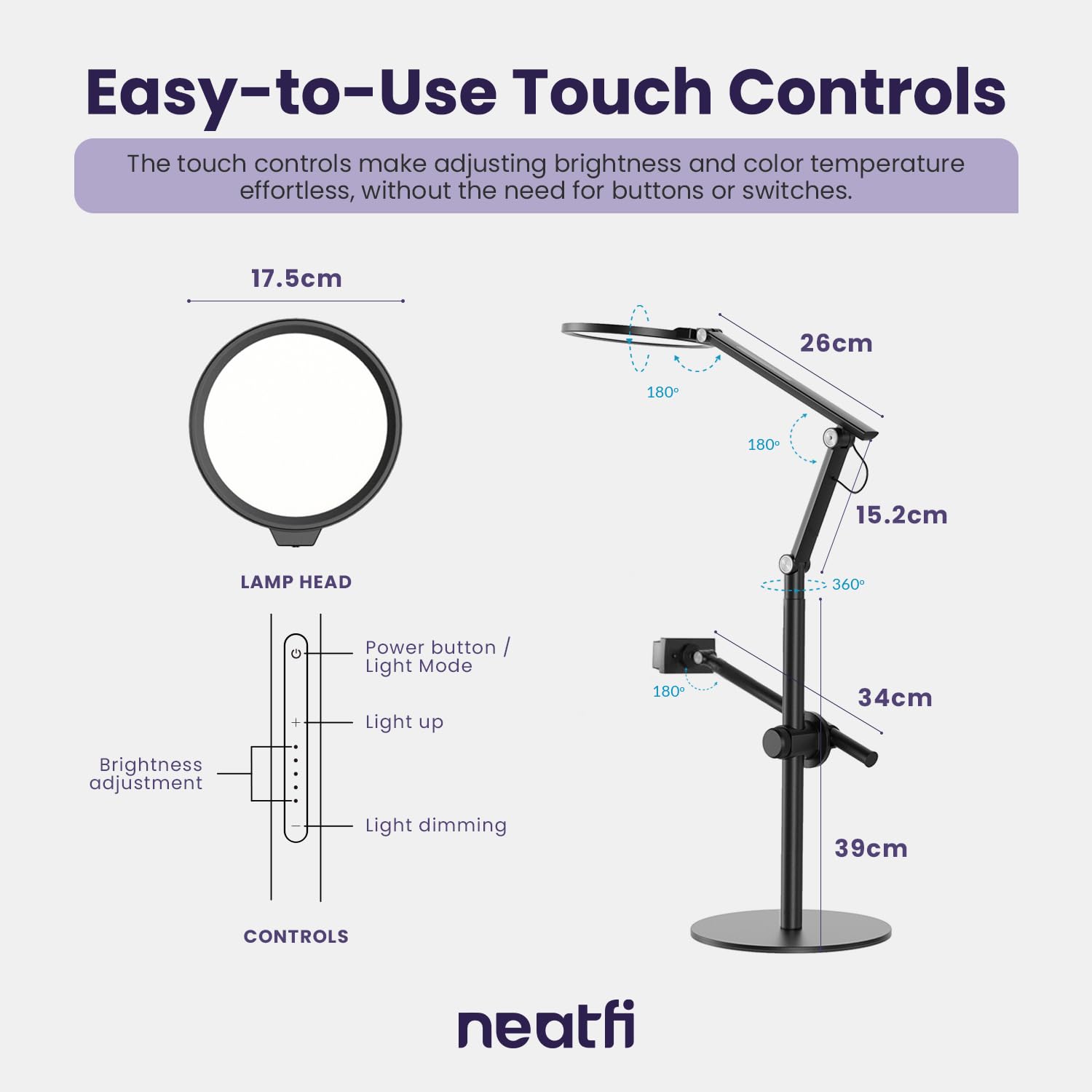 Neatfi LED-Tischlampe/Schreibtischlampe, Dimmbar mit 5 Helligkeitsstufen, 10W, USB-/Plug-betrieben (Mit Handyhalterung und Standfuß, Schwarz)