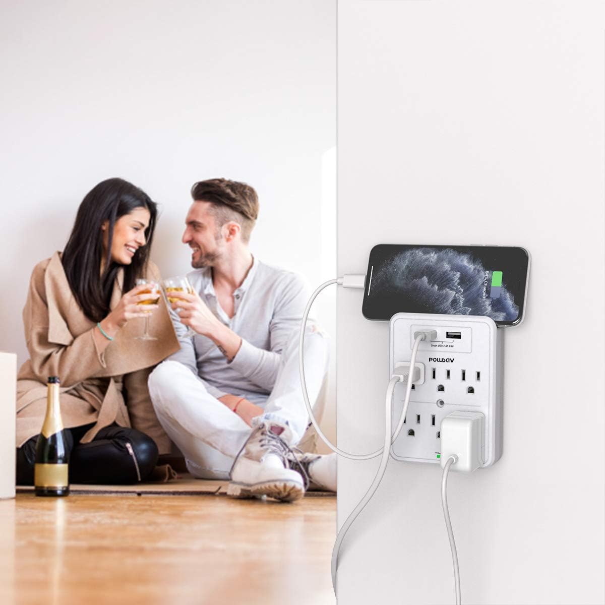 Multi Plug Outlet, Surge Protector, POWSAV USB Wall Charger with 2 USB Ports, 6-Outlet Extender and Top Phone Holder for Your Cell Phone, White, ETL Listed,2 Pack