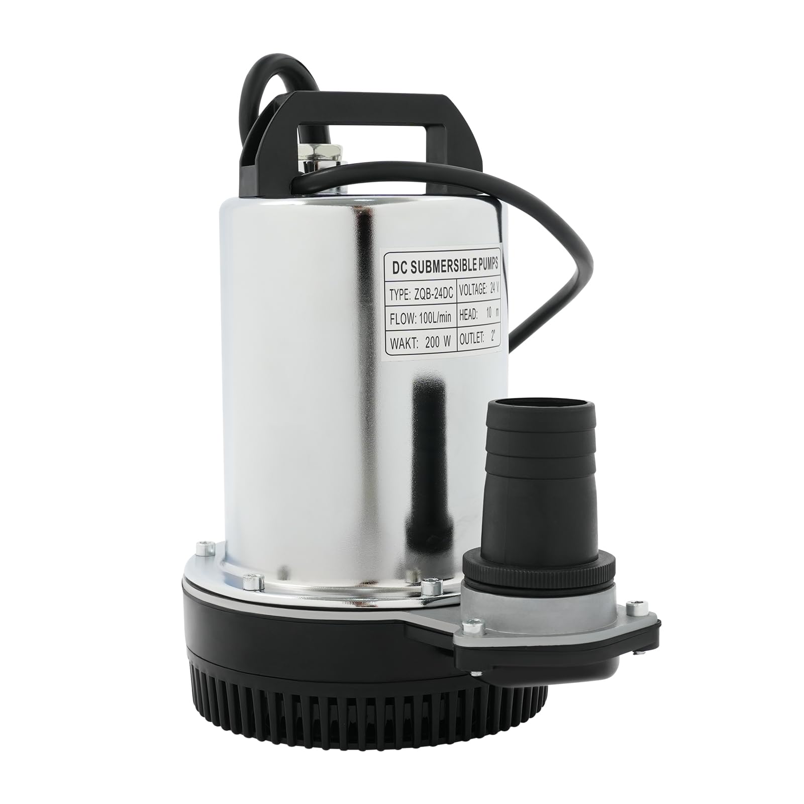 Bomba sumergible de acero inoxidable de 24 V y 200 W, con salida de 2 pulgadas y 3 adaptadores de manguera, altura de extracción: 10 m, 100 L/min