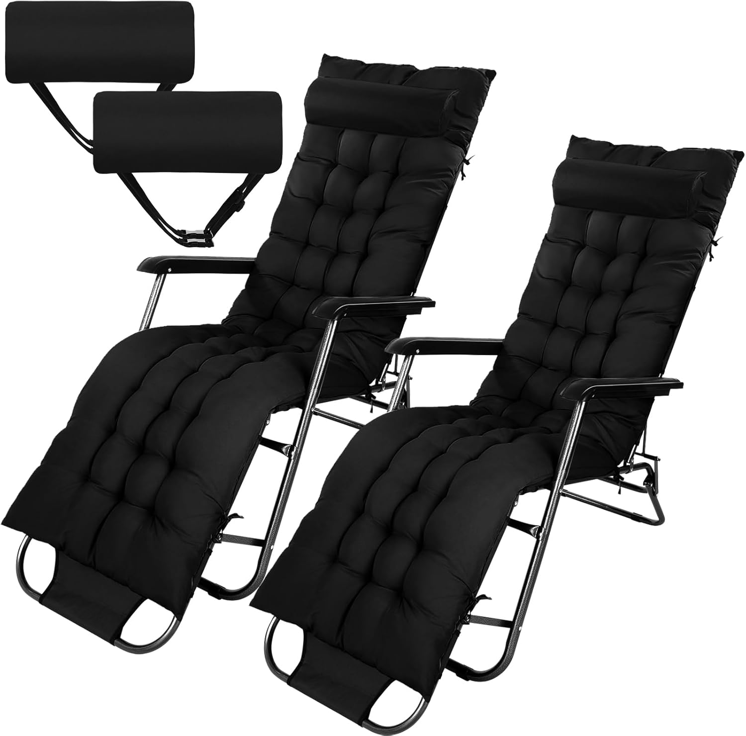 Kigley 2 Set 67 x 21 Inch Lounge Chair Cushion with Headrest Soft Patio Chaise Lounge Cushion for Outside Sofa Lawn Furniture Chair Pads with 8 Tie for Outdoor Indoor Patio Home(Black)