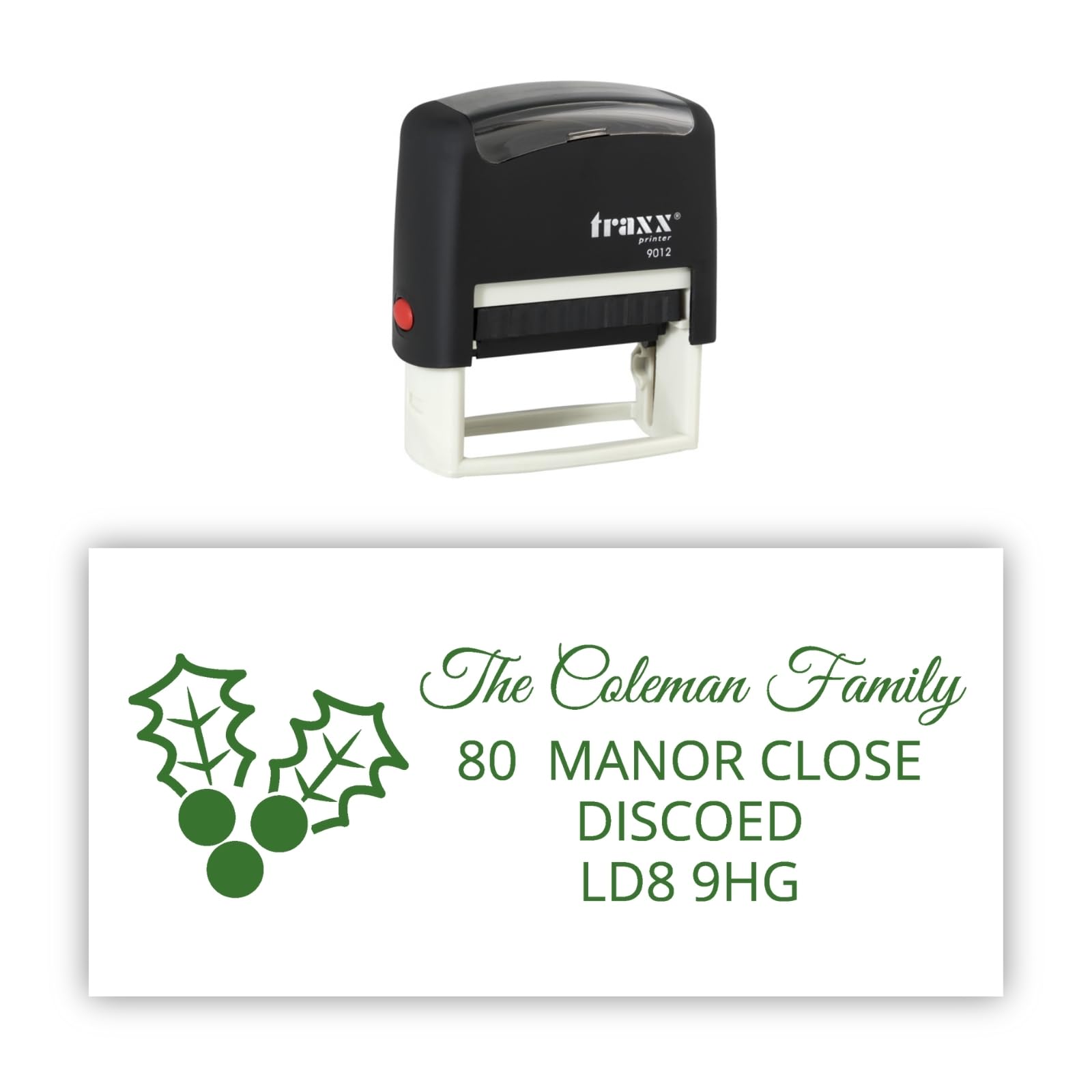 Traxx 9012 Personalised Christmas Self Inking Rubber Stamp - Holly with 4 Lines of Custom Text in Green Ink