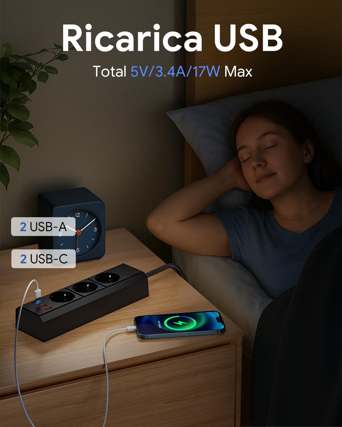 WENTONG Ciabatta Multipresa con 3 Schuko e 4 USB, Presa Multipla con Interruttore e 1.5 M Cavo, 2500W Multipresa da Scrivania Piatta 10A, per Ufficio, Famiglia, Cucina e Viaggio