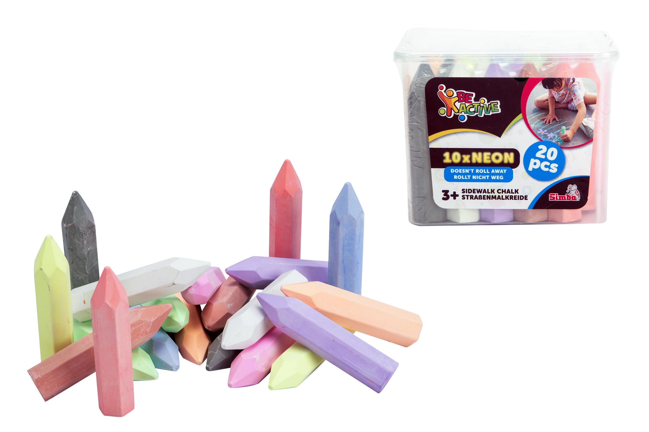 SIMBA Simba Toys Straßenmalkreiden Set (20 Stück) im Eimer – Neon- und Klassikfarben, outdoor, inkl. SpongeBob Mr. Krabs Plüschfigur