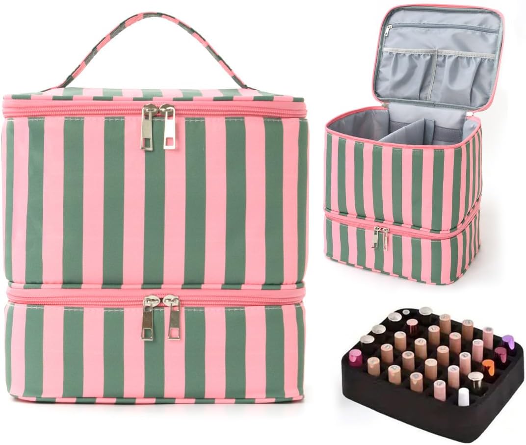 Nail Polish Organizer Preppy Nail Organizers and Storage, Stripe Nail Supplies Kit Organizer Travel Carrying Case for Manicure Tools