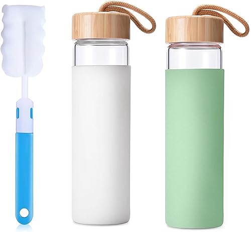 Yomious Botella de agua de vidrio de borosilicato de 20 onzas con tapa de bambú y funda de silicona, reutilizable, sin BPA, botella de vidrio con