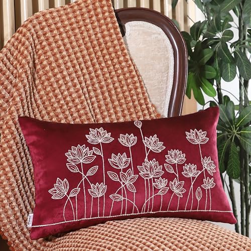 Image of Home- The Best is for You Rectangular 12x18 Inch Burgundy Velvet Embroidered Cushion Covers Pack of 2